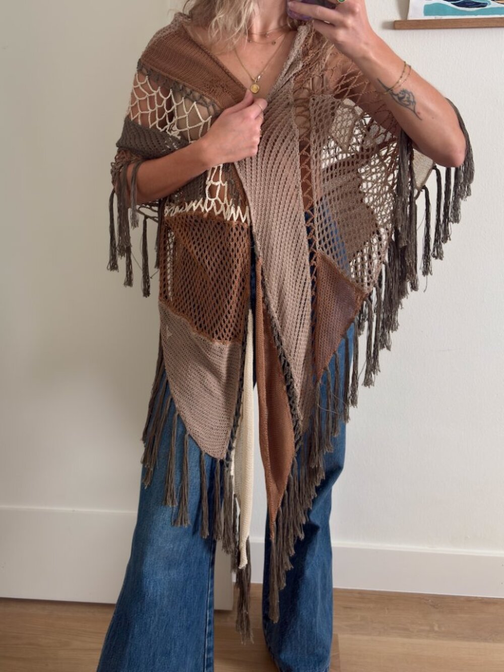 Vintage 1970s Crochet Fringe Piano Shawl Boho Festival Wrap